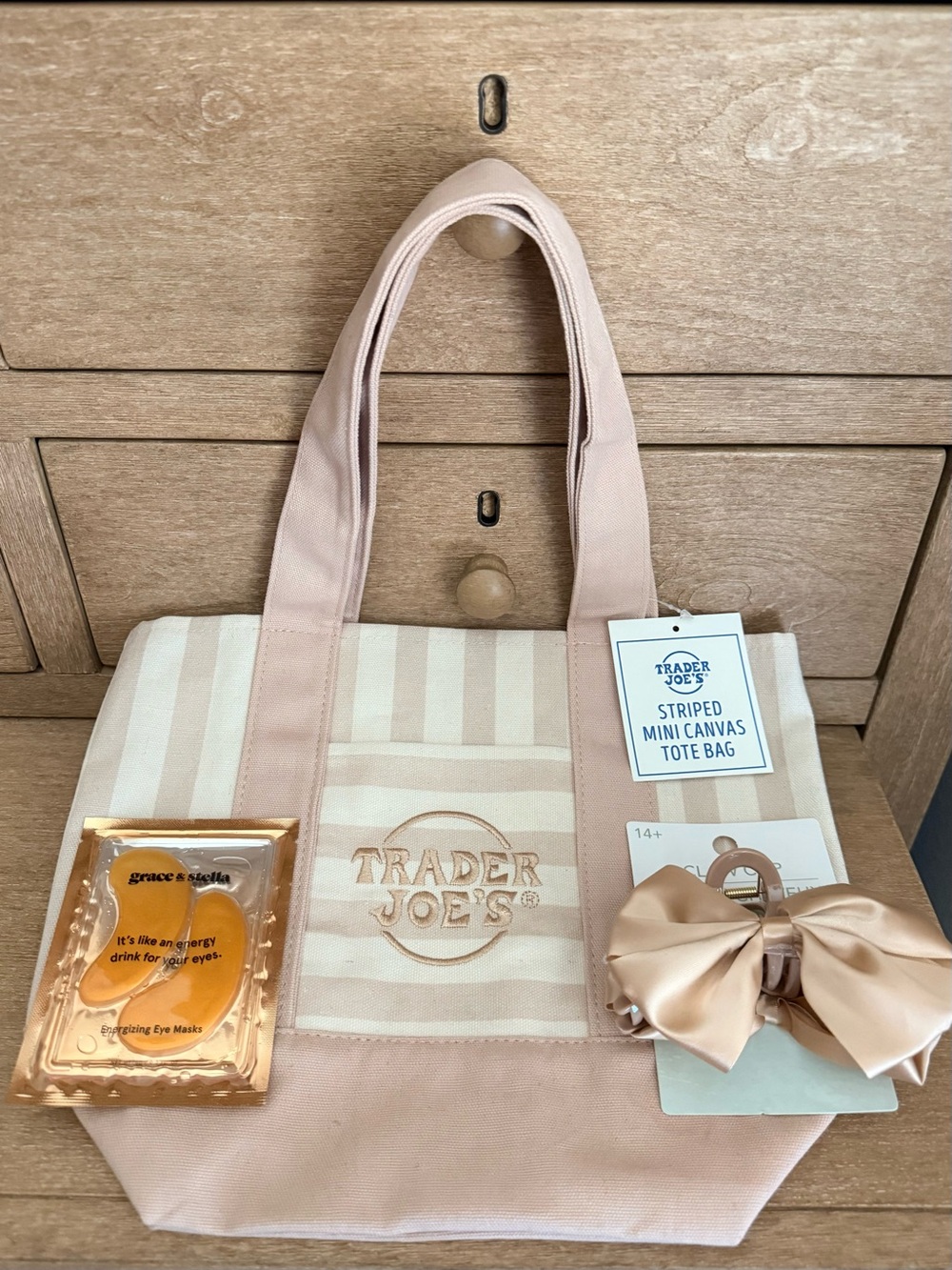 Trader Joe’s beige Striped Mini Canvas Tote Bag